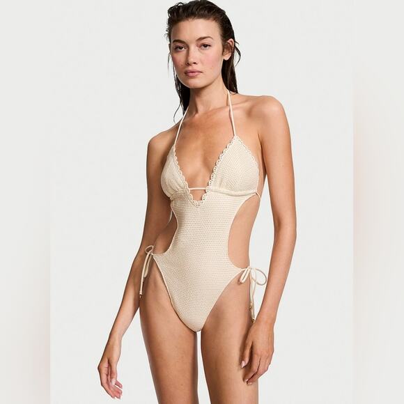 NWT Victoria’s Secret Crochet Monokini One Piece‎ Swimsuit Natural Size L - Picture 1 of 6